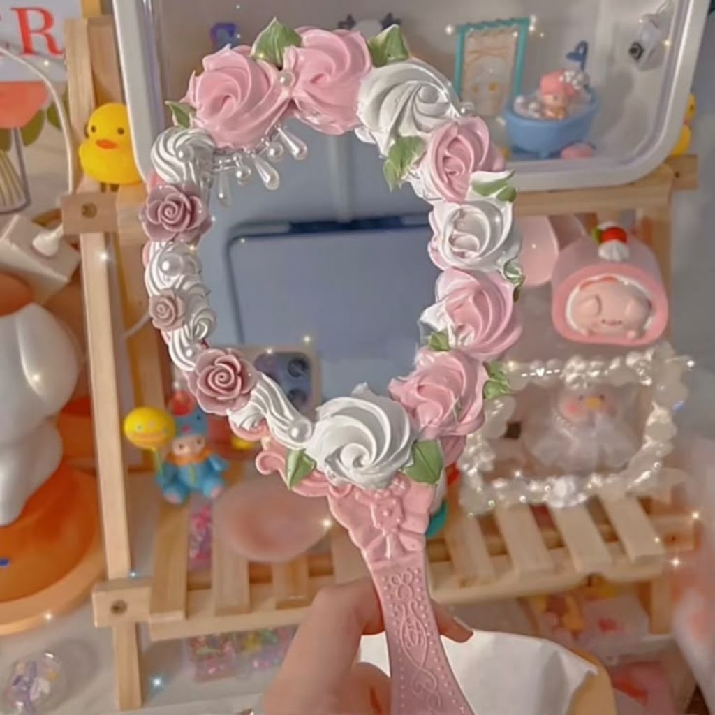 CUSTOM CUTE HAND MIRROR SANRIO FLOWER LABUBU DECO CREAM