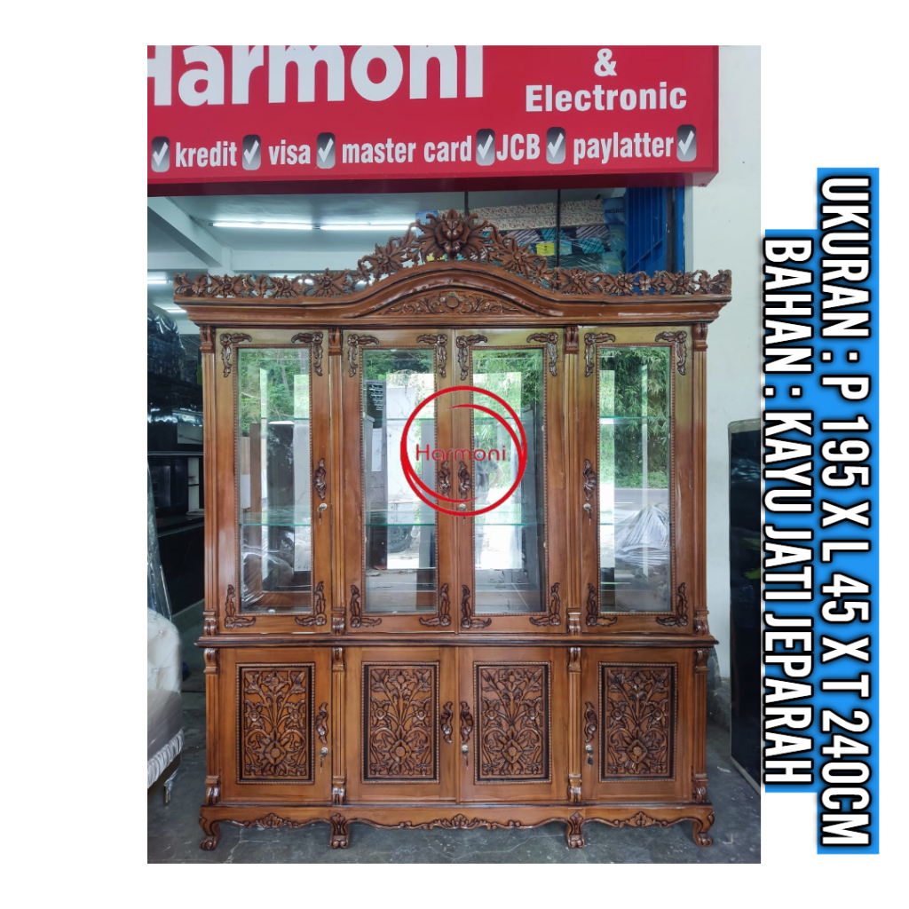 LEMARI HIAS KAYU JATI JEPARA UKIR MAHKOTA TINGGI 240CM BUFET PAJANGAN KAYU JATI JEPARA FREE ONGKIR S