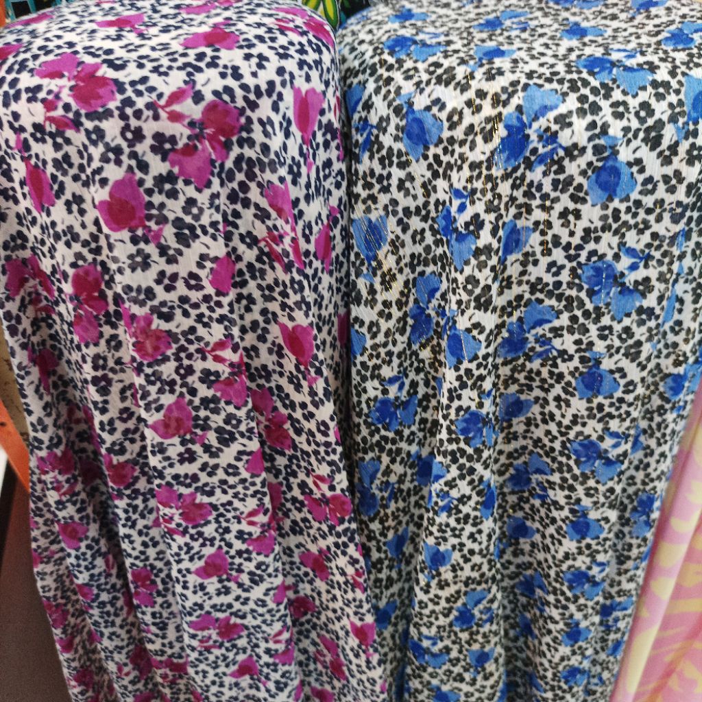 Kain Sifon Yoryu Glitter Crinkle Premium Meteran Motif Floral Bunga Pink Biru Tabur - Bahan Dress Bl
