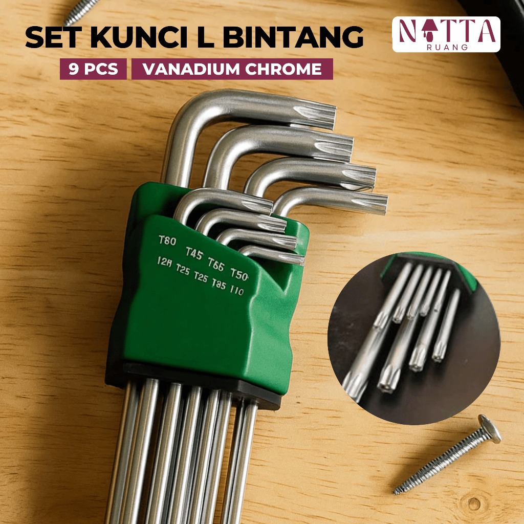 Kunci L Set Lengkap 9 PCS Bahan Vanadium Chrome Kunci L Bintang Kunci L Bintang Set Lengkap Kunci Bi