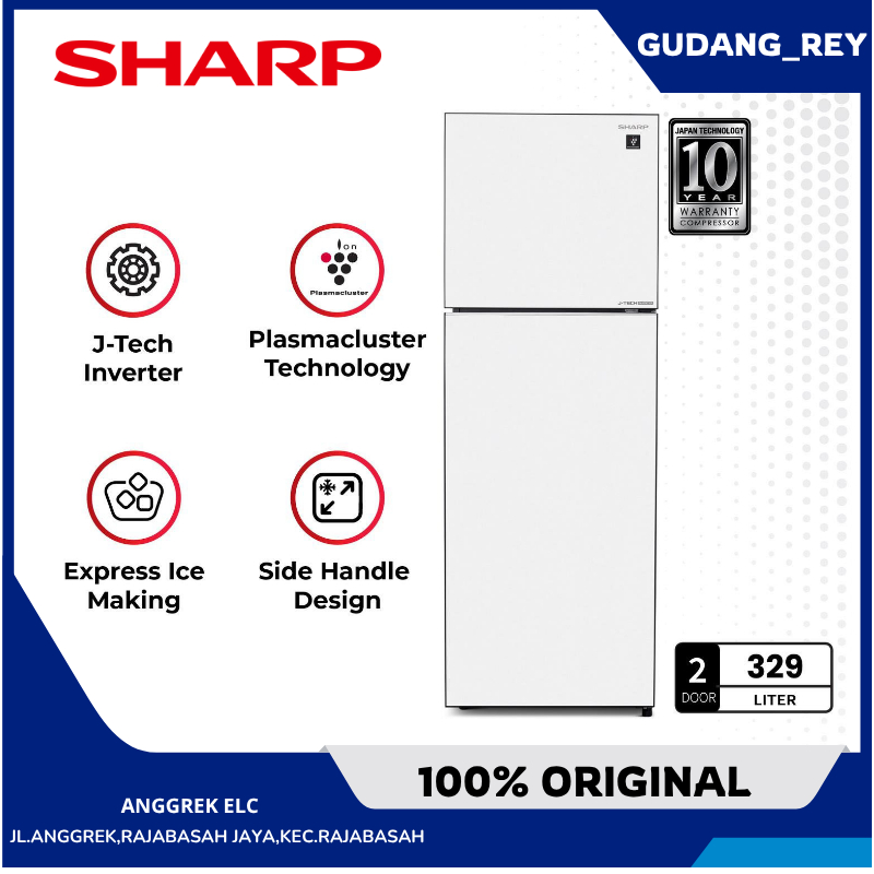 SHARP Kulkas 2 Pintu 329L SJ-456GI-GW / SJ456GIGW / SJ 456GI White Glitter 2 Door - SHINE Glass Door