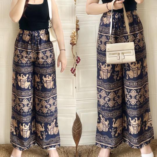 Celana Kulot Wanita Jumbo Rayon Motif Gajah Part 2 Kain Bali Nyaman Panjang - Gjh etnik hitam, Kulot