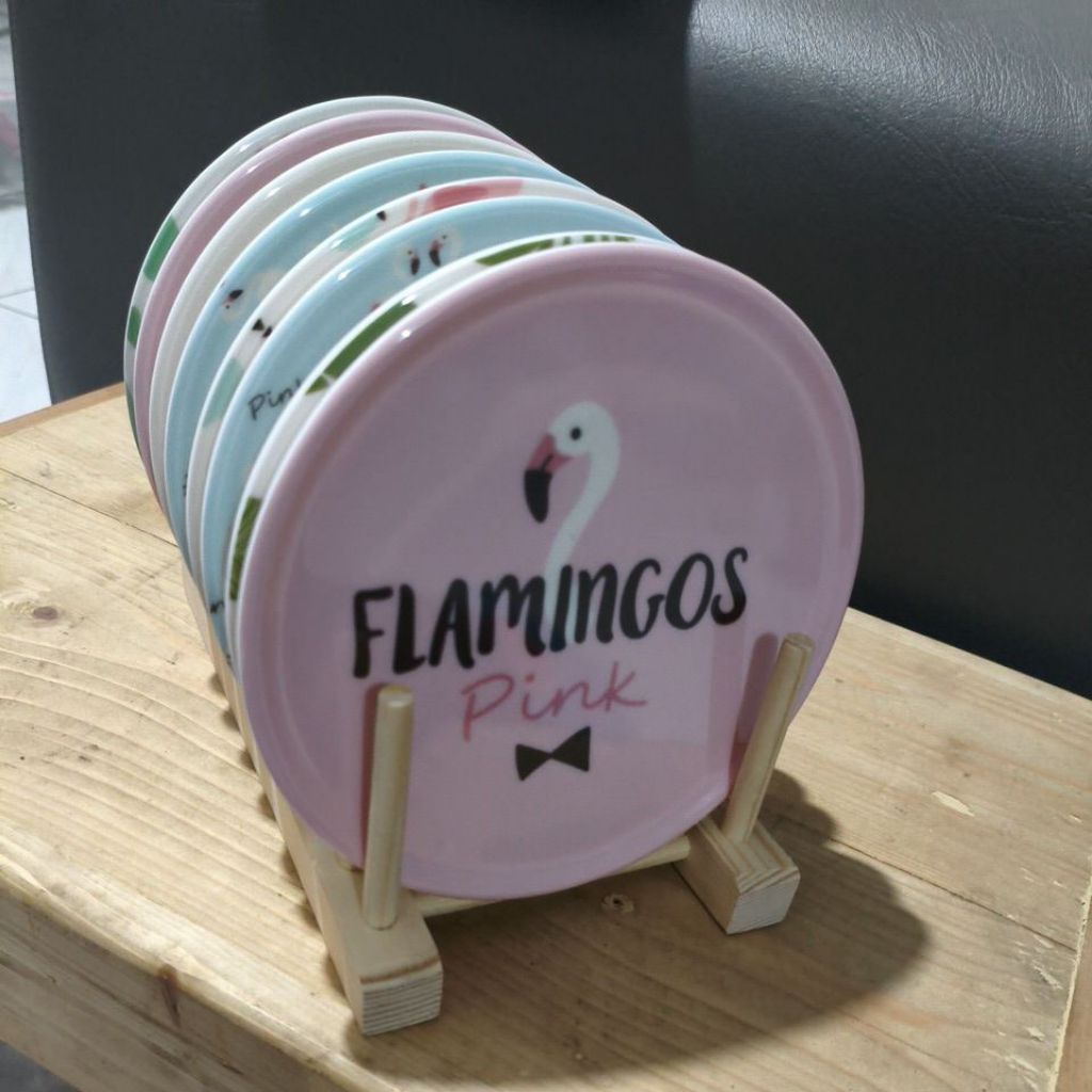 Flamingo set, tatakan, piring serbaguna+holder isi 8 piring