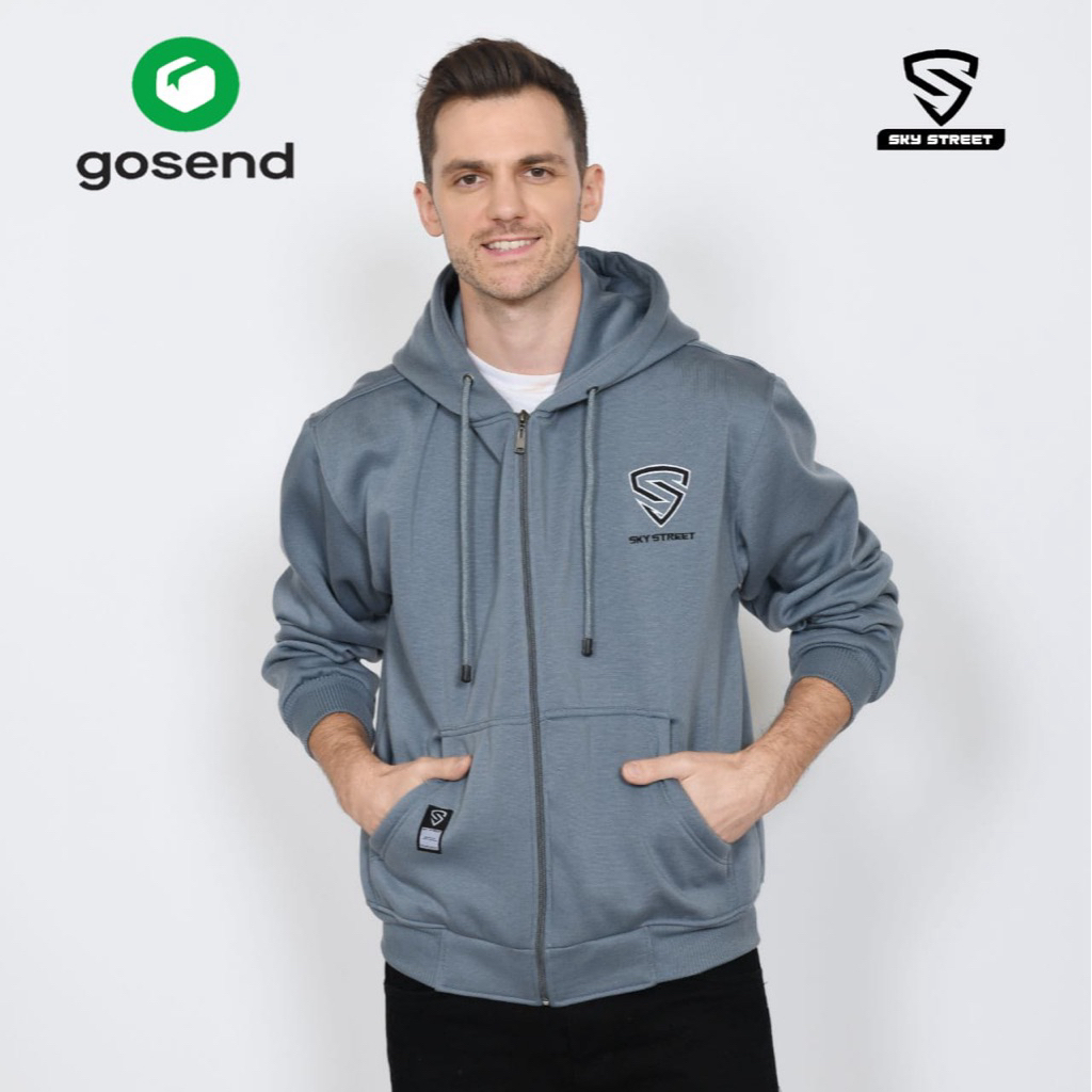 SKY STREET HOODIE SWEATER JACKET ZIPPER RESLETING LOGO BORDIR 280 GMS TEBAL LEMBUT UNISEX PRIA WANIT
