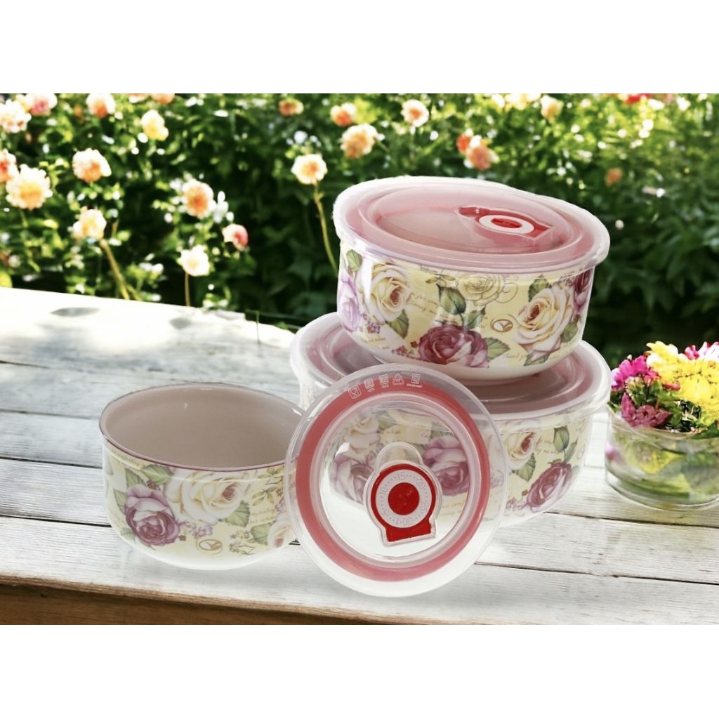 Set Tempat makan merek VICENZA BA780 Motif Mawar Wadah saji Mawar 3 ukuran desain cantik serta kedap