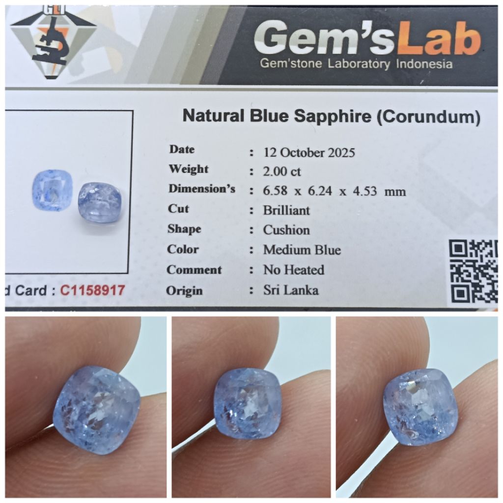 Natural blue sapphire Ceylon NH Safir Srilanka 2 ct Top Luster memo GLI
