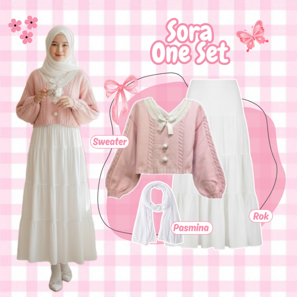 One Set Kekinian ( Sweater Rajut Pita + Rok Susun 3 Tingkat + Pashmina Putih ) OOTD Rok Korean Style