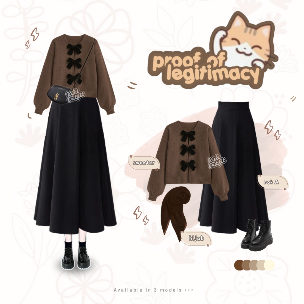 Kuki Outfit - Paket Baju Rajut Setelan OOTD (Cardigan Pita, Rok Scuba, Celana, Hijab) Sweater Rajut 