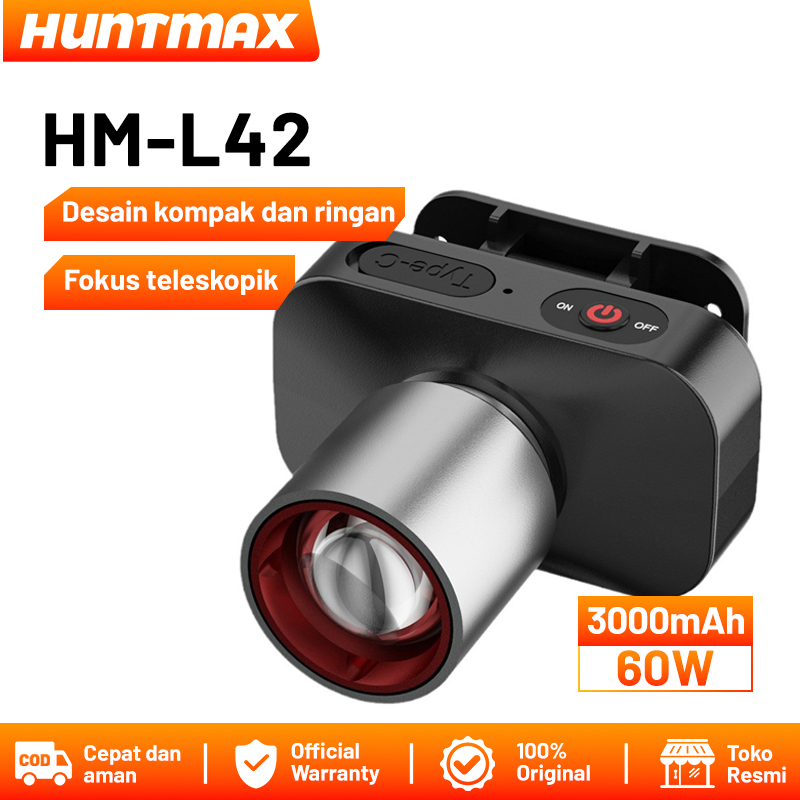 HUNTMAX Senter Kepala Cahaya/Lampu Senter Kepala Fokus & Penyebaran Zoom 60w/800lumen