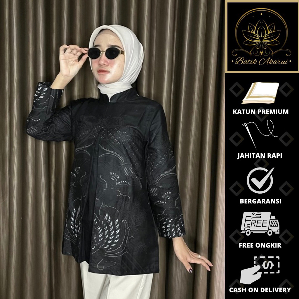 Batik Akarui Batik Kerja Wanita Lengan Panjang Blouse Batik Jumbo Wanita Modern Batik Warna Hitam