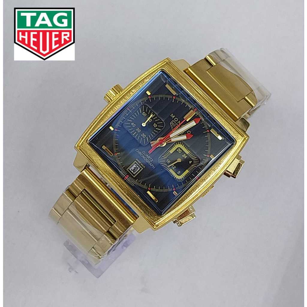 Jam Tangan Pria Analog Stainless Steel Tag Heuer Monaco Rantai Case Gold Chrono Dan Tanggal On Aktif
