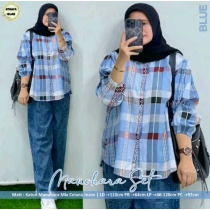 Setelan Kemeja Wanita Sadira Set Bahan Katun Motif Kotak Celana Jeans Ukuran Jumbo LD 120 cm