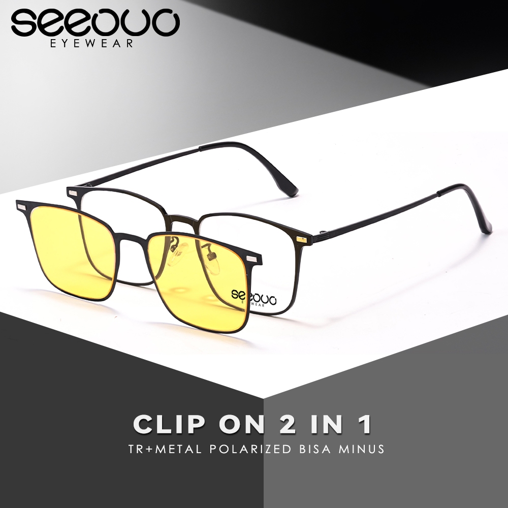 Seeouo Kacamata 2in1 Clip On Magnetic Night Vision Polarized TR+Metal Bisa Minus Anti Blueray Unisex
