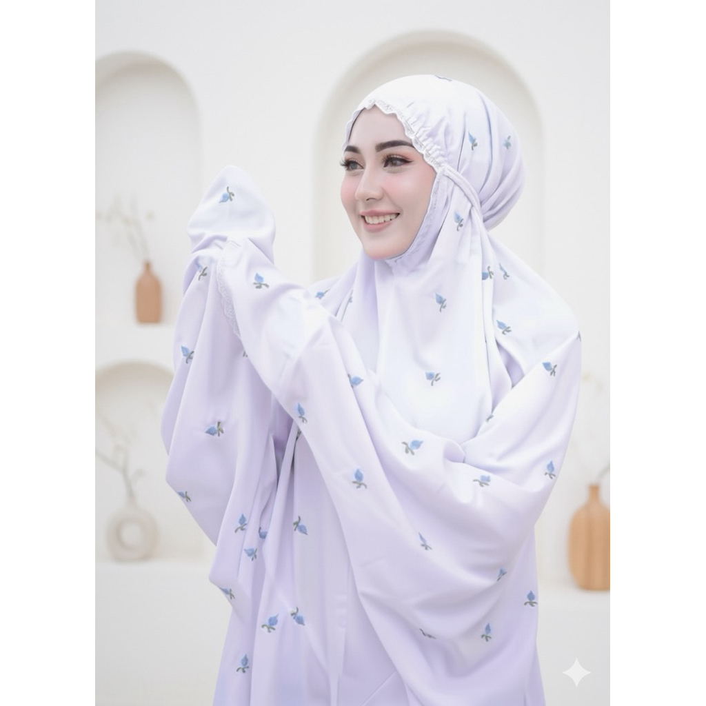 MUKENA TERUSAN PUTIH MODEL DAHI KERUT DG BORDIR SERIBU BUNGA | MUKENAH DEWASA REMAJA LAJUR/LANGSUNGA