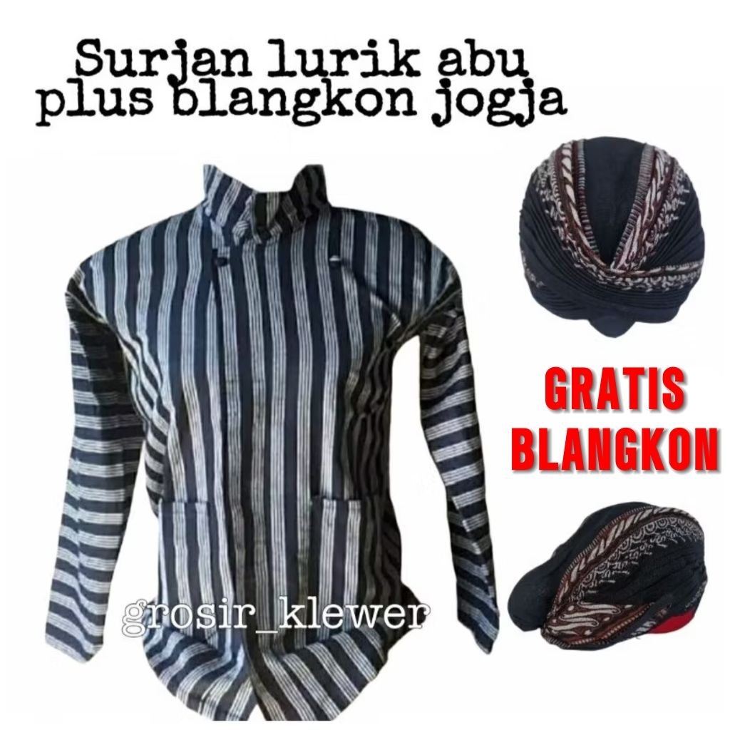 Baju surjan lurik hitam putig bonus blangkon jogja lipat -  surjan lurik abu