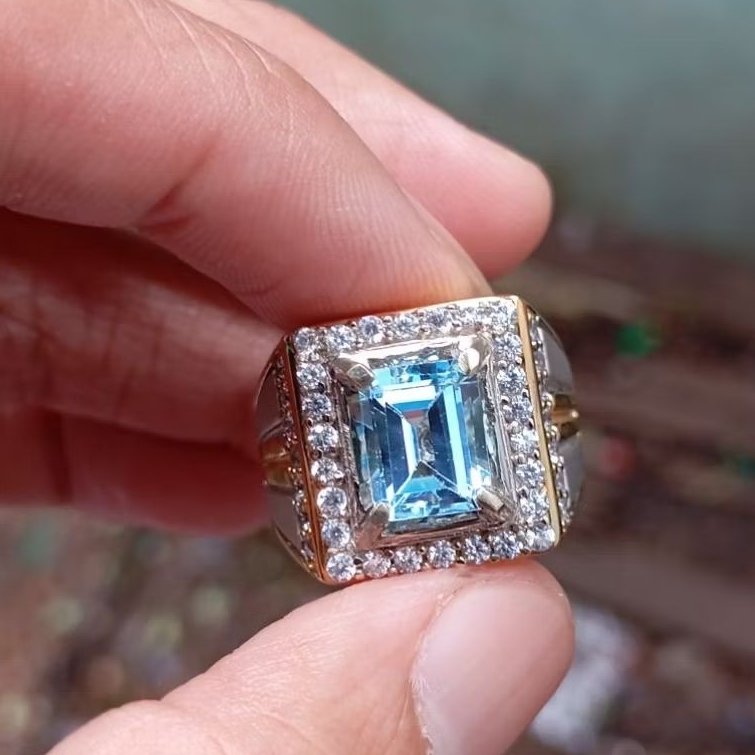 Cincin batu permata natural swiss blue topas + Memo GLI