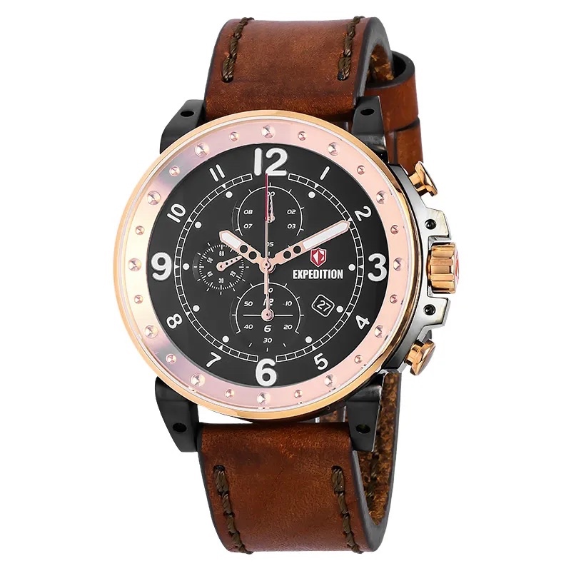 Jam Tangan Pria Expedition E 6681 MC LBRBA Man Black Dial Brown Leather Strap