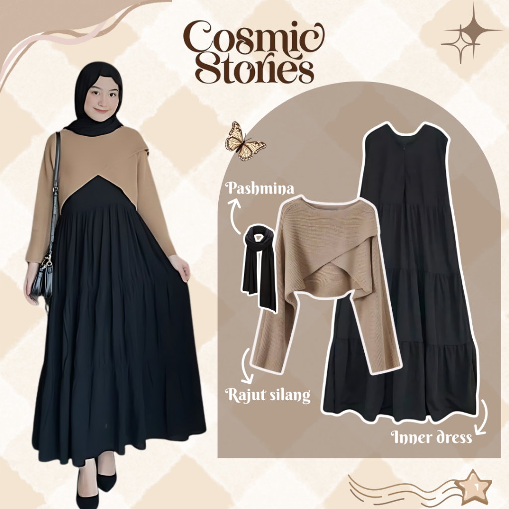 One Set 3in1 Casual Elegan Busui Friendly | Atasan Rajut Silang Cream + Inner Dress Ruffle Hitam Hyg