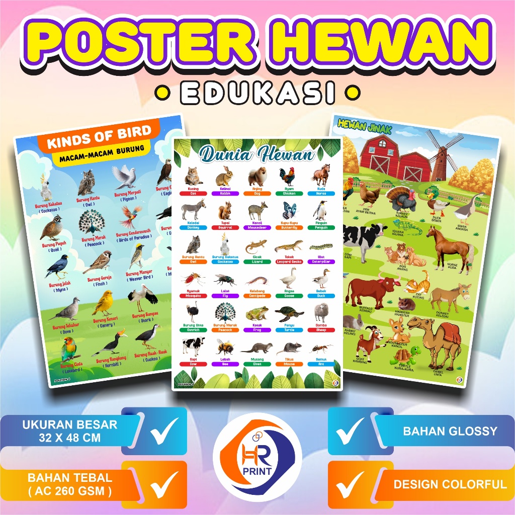 Poster Hewan Edukasi Anak Mengenal Macam Hewan Binatang Liar, Laut dan darat-Poster Binatang
