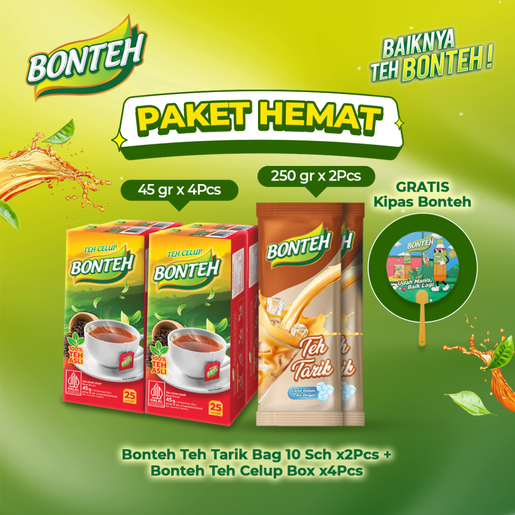 Paket Bonteh Teh Tarik Bag 10 Sch x2 + Bonteh The Celup Box x4 GRATIS Kipas Karakter Bonteh