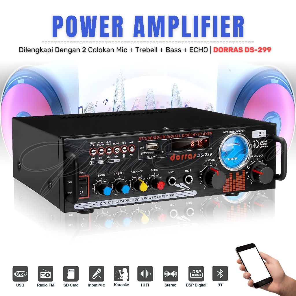 Power Amplifier Bluetooth DORRAS DS-299 1000W Karaoke Stereo + MP3 Player Ampli Bluetooth FM Radio T