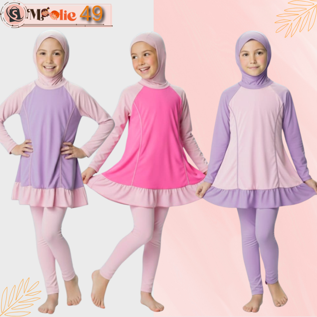 MO49 Moolie Baju Renang Overall Tunik Anak Perempuan Muslim/ Baju Renang Anak Perempuan Muslim 7-11 