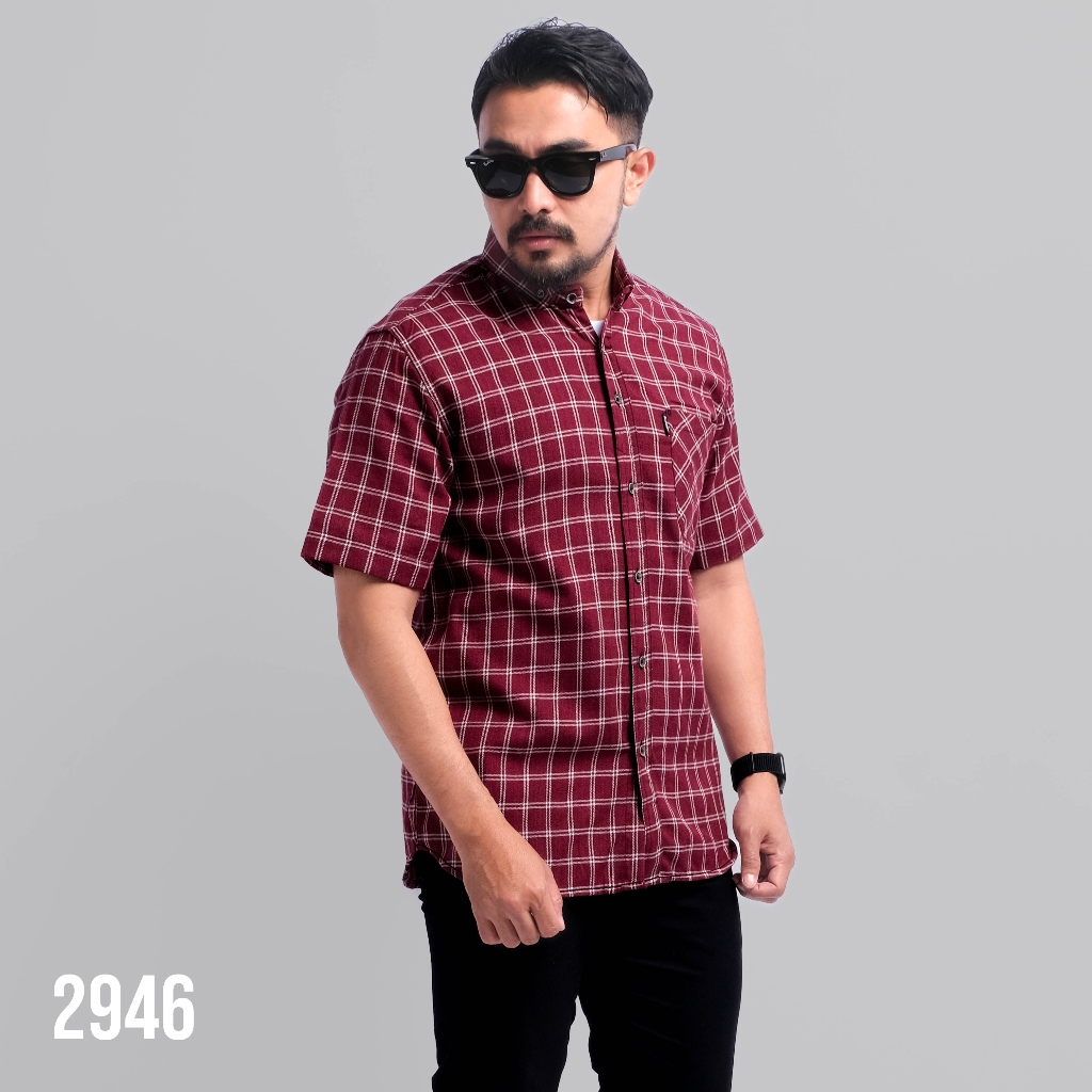PAKAJI Kemeja Flanel Pria Lengan Pendek Merah garis Putih Kemeja Pria Flanel Pria Kemeja Pendek 2946