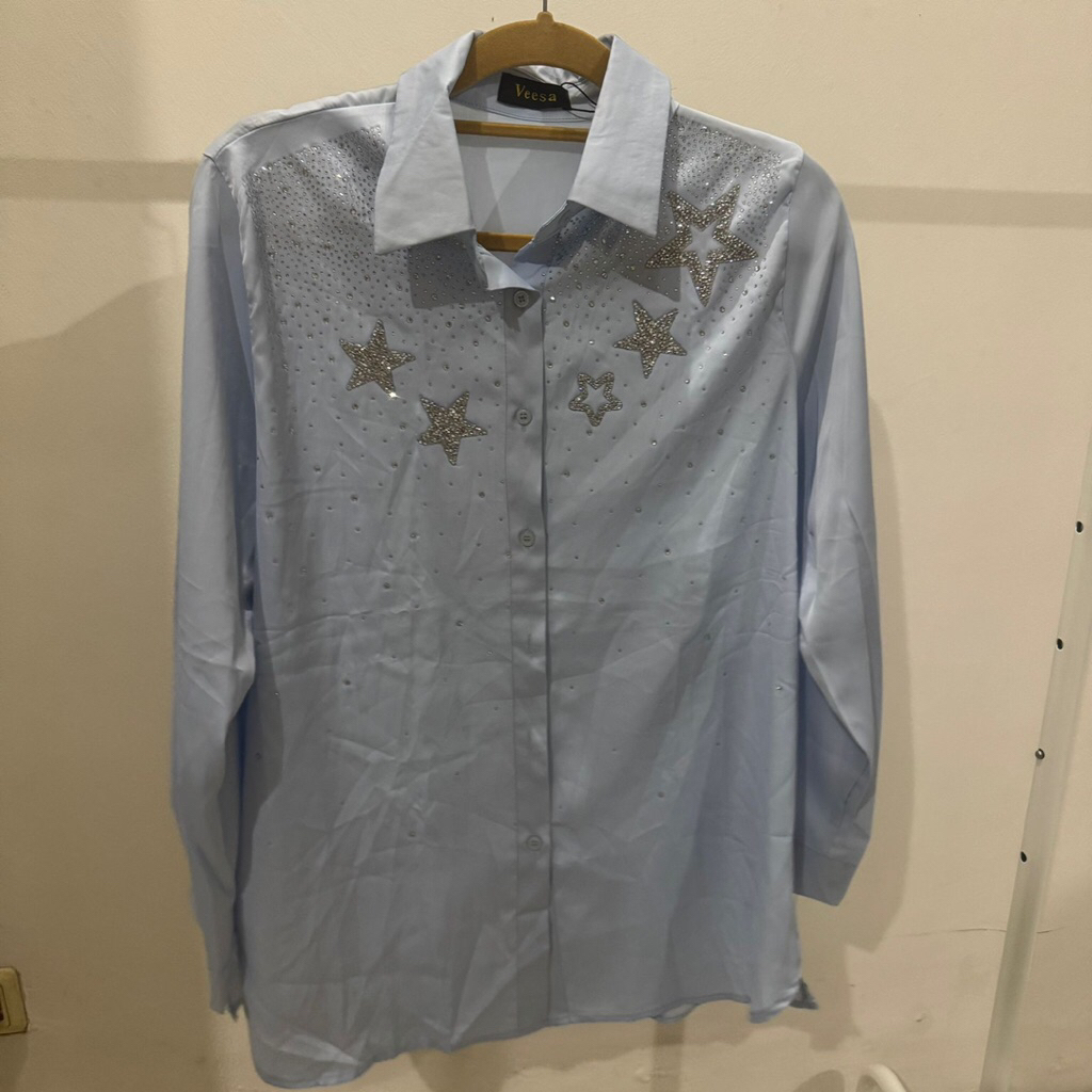 Baju atasan wanita biru muda blingbling | Baju kerja | Baju kuliah | Baju atasan wanita kekinian | A