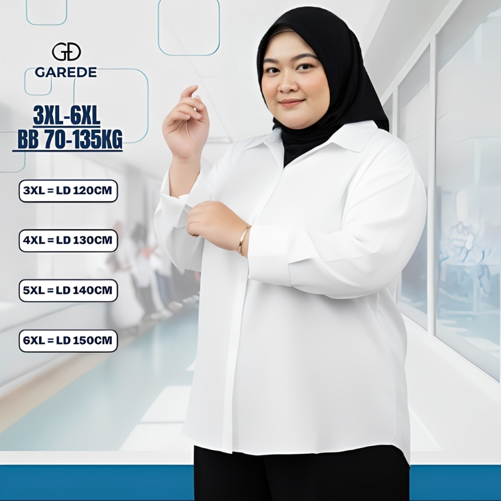 Garede - Kemeja Oversize Wanita Putih Lengan Panjang Jumbo LD 120 130 140 150 Katun Premium