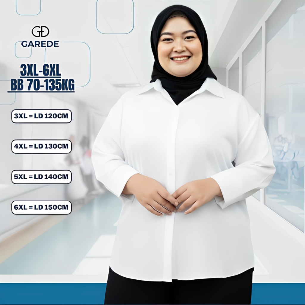 Garede - Kemeja Oversize Wanita Putih Lengan Panjang Jumbo LD 120 130 140 150