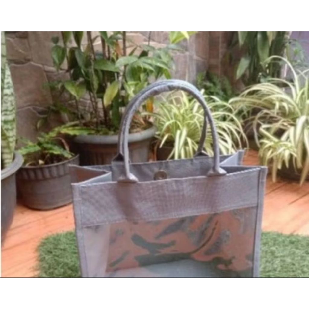 Tas Tote Bag Hampers Lebaran Bahan mika kombinasi Kanvas transparan Bening
