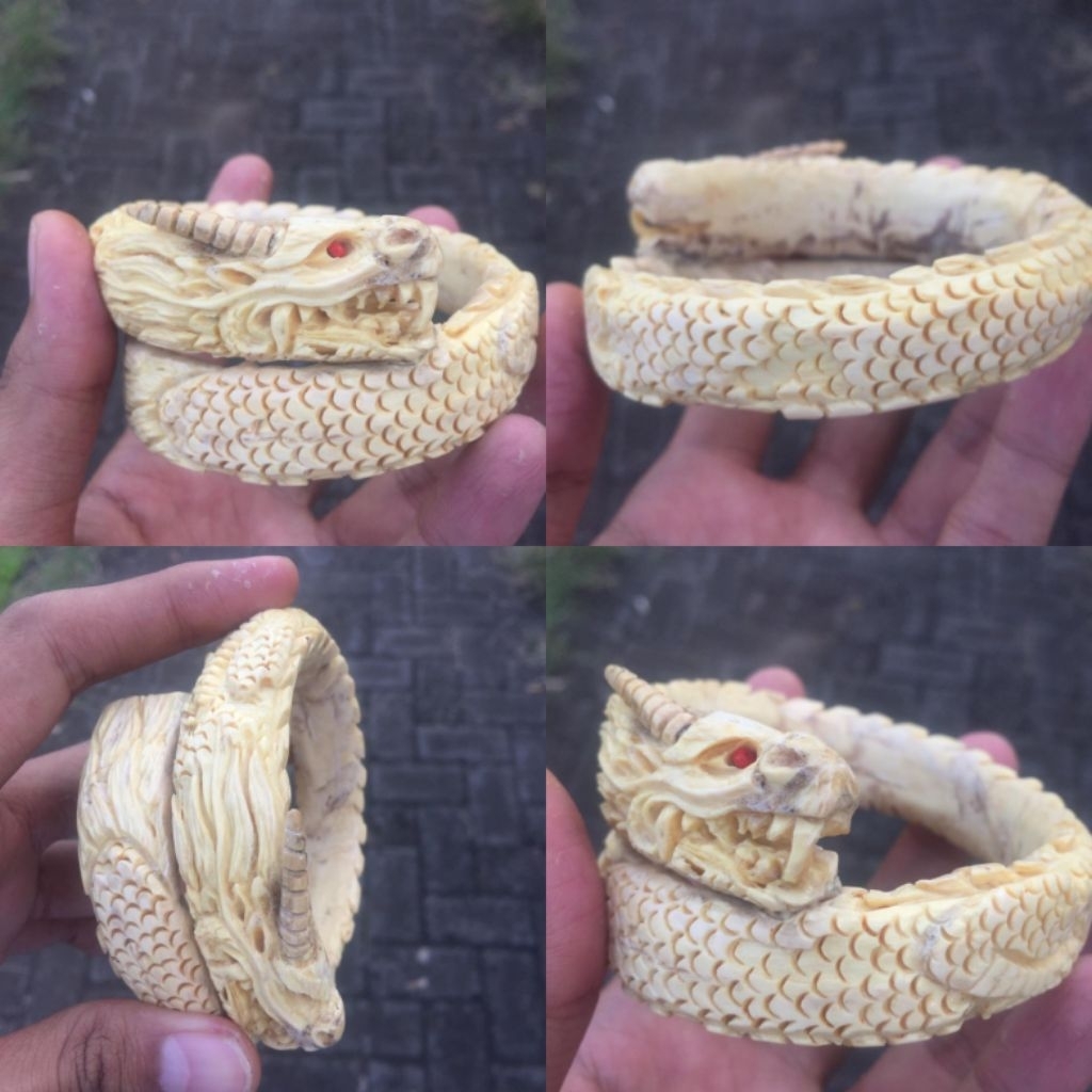 Gelang Akar Bahar Putih Ukir Naga Full Sisik Jumbo Asli Berkualitas / Akar Bahar Asli