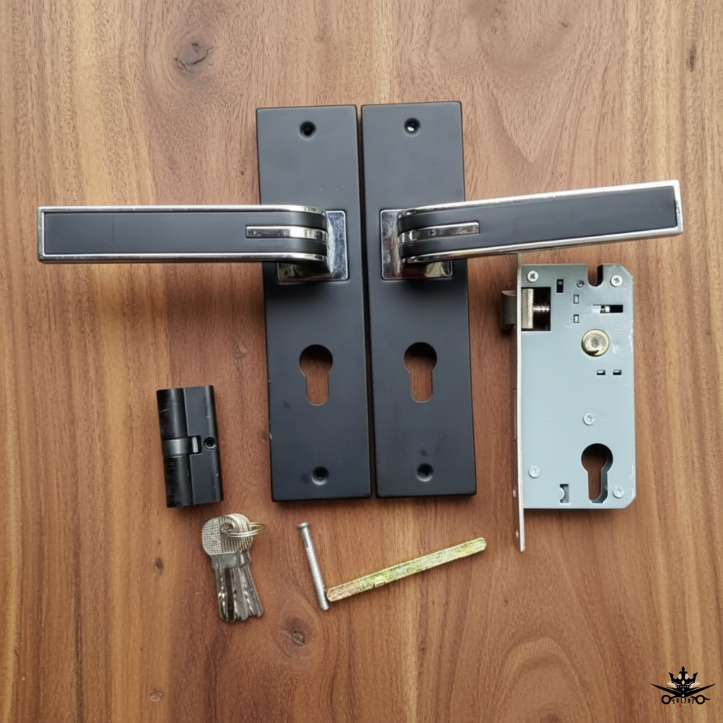 Morris Handle Kunci Pintu Set Full Tanggung Dan Besar / Kunci Pintu / Hitam Lis Chrome / Ukuran 20Cm