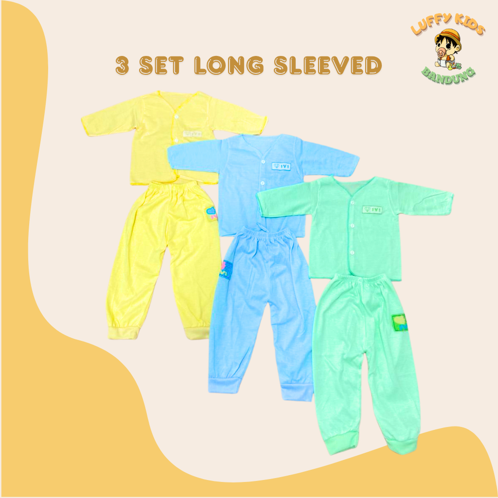 [3 Pcs] Setelan Baju dan Celana Bayi Newborn Seri Polos IVI Usia 0-3 Bulan Bahan Katun - LUFFYKIDS