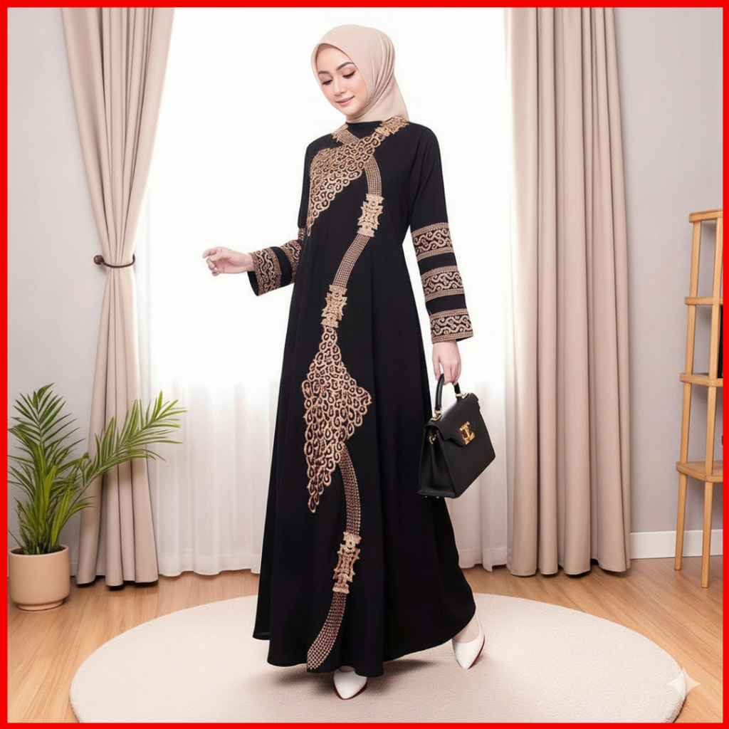 Galeri Abaya - Bordir Asli Timbul Gamis Turkey 1229 Wanita Remaja Arab Saudi Model Aesthetic Jetblac