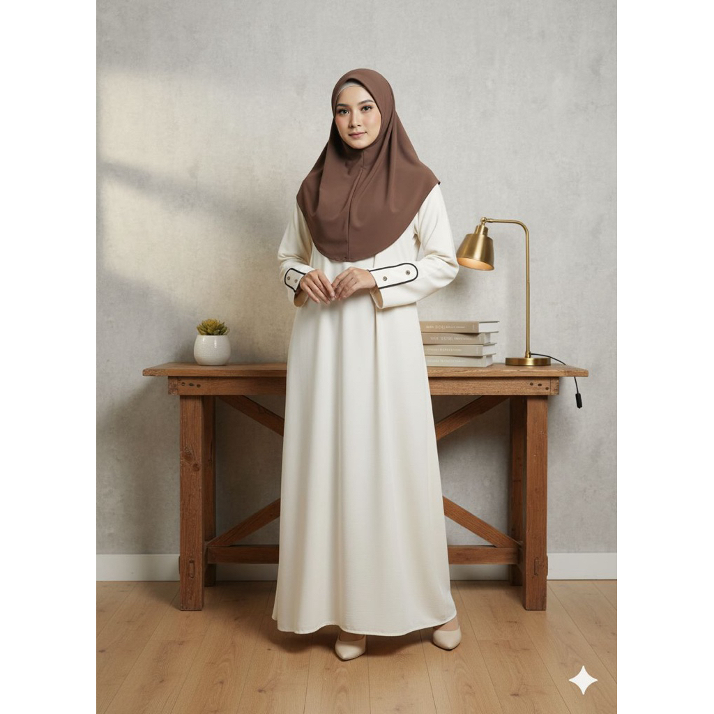 Gamis Polos Cream Elegan Bahan sambiran anti uv Premium Lengan Kancing Modern Gamis Muslimah Simple 
