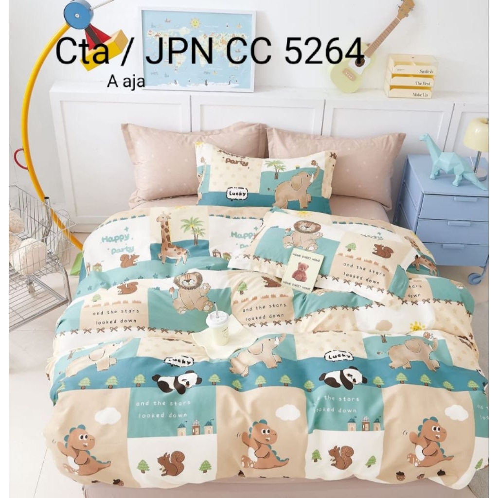 Katun Jepang, Sprei dan Bedcover Set Anti Geser Motif Panda Dino n Elephant CC 5264
