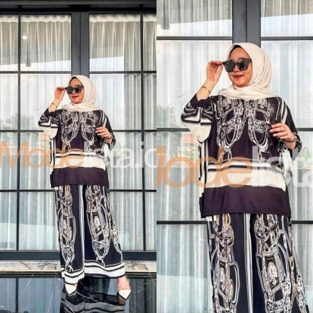 Setelan Jumbo Ld 140 Nabila Oneset Motif Lengan Panjang Kekinian Bahan Rayon Premium