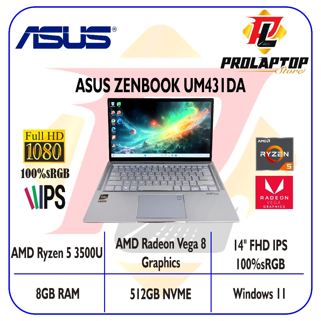 Asus ZenBook UM431DA AMD Ryzen 5 3500U RAM 8GB SSD NVME 512GB 14" FHD IPS 100%sRGB
