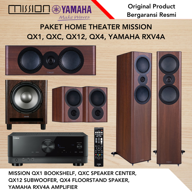 Paket home theater mission QX1 Bookshelf Speaker QXC Center Speaker QX4 Floorstand Speaker QX12 Subw