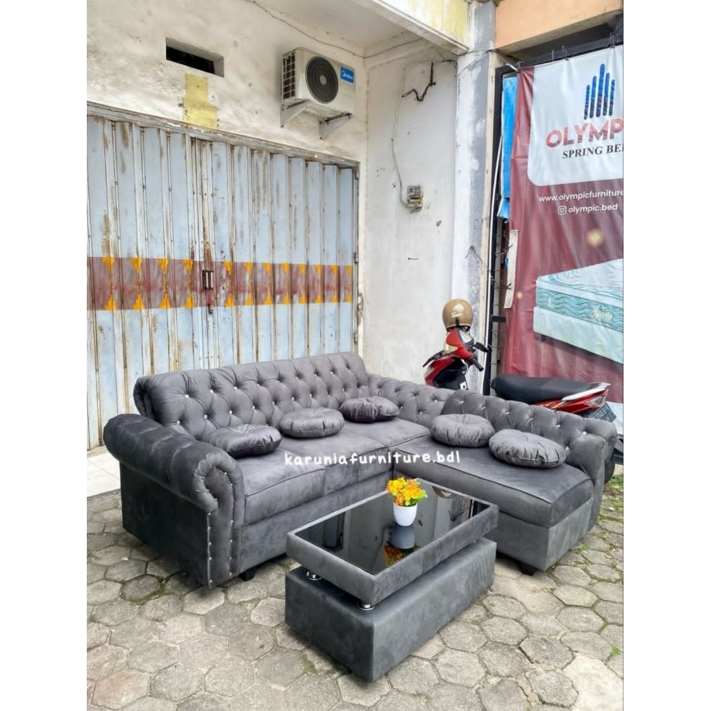 SOFA L SMOKE KANCING BANTAL BULAT MINIMALIS | BISA PILIH WARNA & BAHAN | FREE ONGKIR BANDAR LAMPUNG