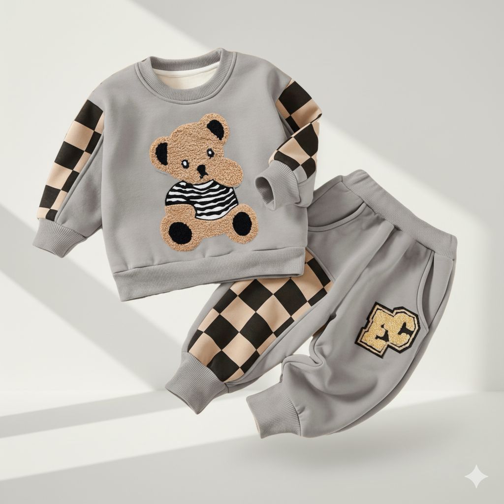 Setelan Anak Bear Lucu Bahan Baby Terry Premium Baju dan Celana Panjang Motif Kotak Stylish