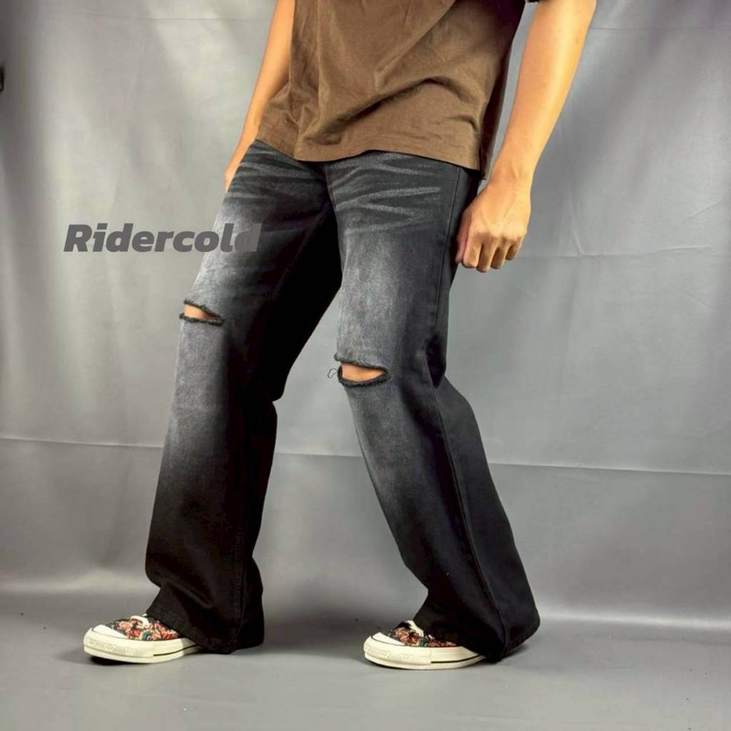 RIDERCOLD Celana Jeans Baggy Sobek Lutut Blackjas -Celana Jeans Pria Washed Losse Straight Gombrong 