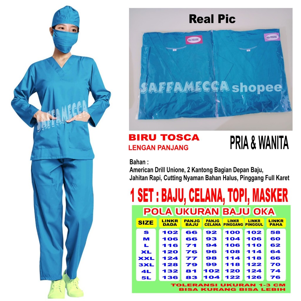 Baju Ok  Lengan Panjang Biru Tosca Stelan Scrub Perawat Dokter Bidan Stenan Nakes Jaga  Scrub Medis