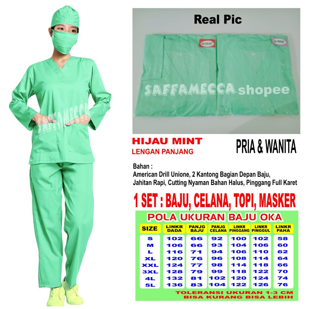 Baju Ok Oka Hijau Mint Perawat Dokter Medis Bidan Nakes Doctors Stelan Scrub Jaga Lengan Panjang
