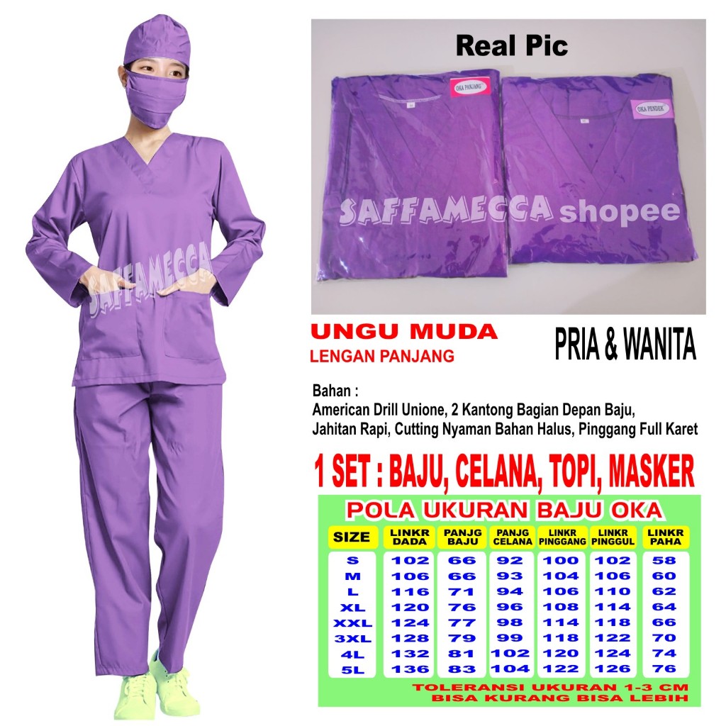 Baju Ok Lengan Panjang Scrub Perawat  Bidan Jaga Ungu Muda Baju Medis Baju Perawat Scrub Medis