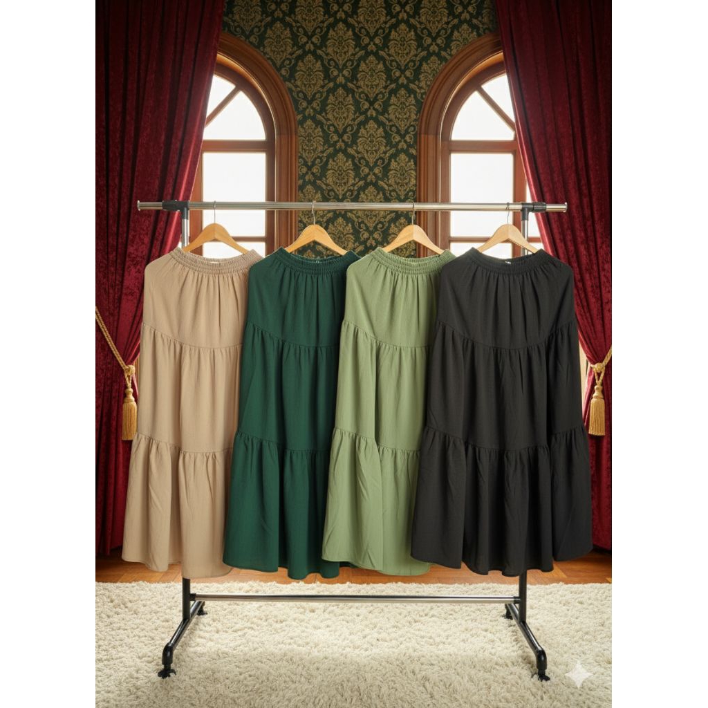 Rok Panjang Rok Tingkat susun | Linen, Karet, Santai