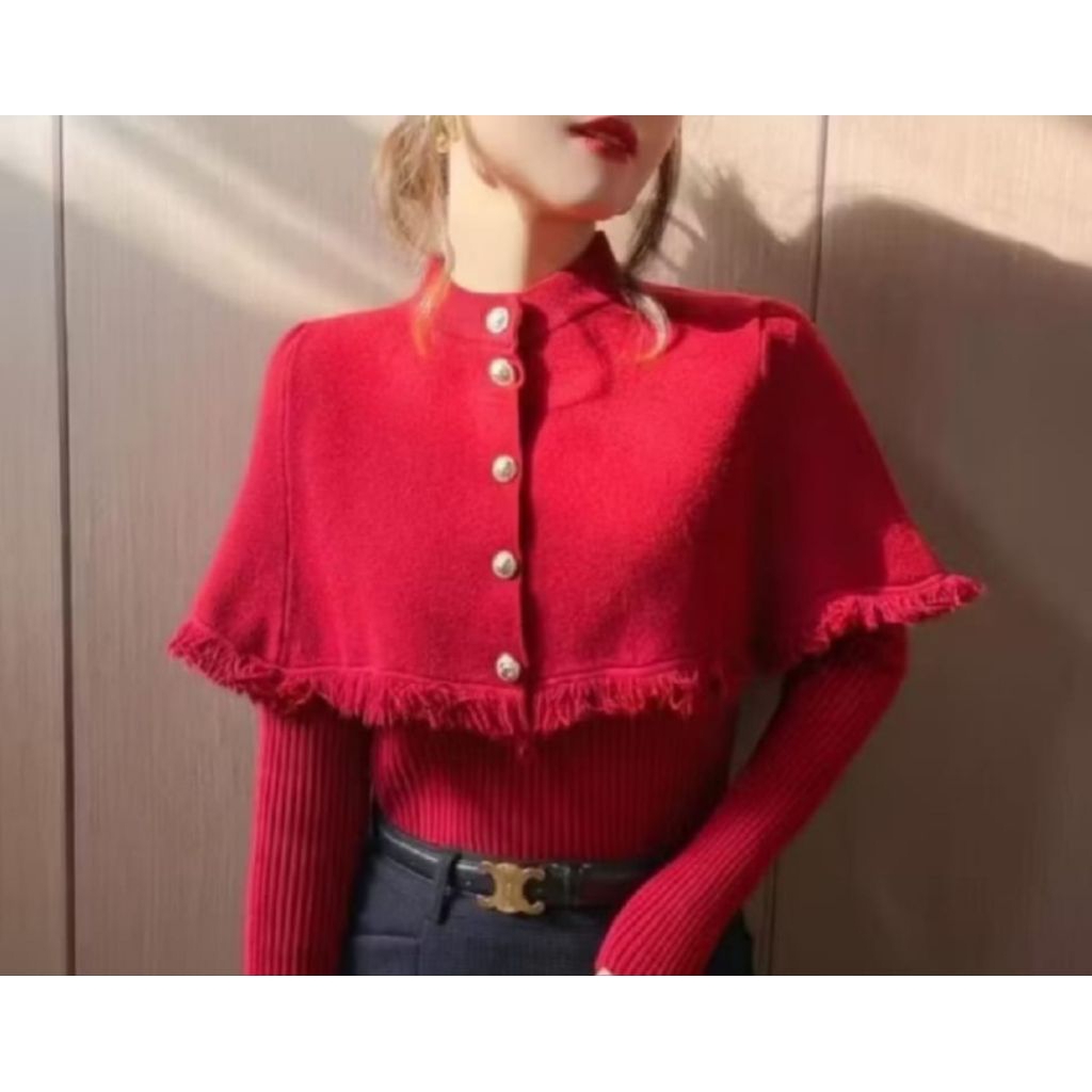 Baju atasan set rumbai rajut merah