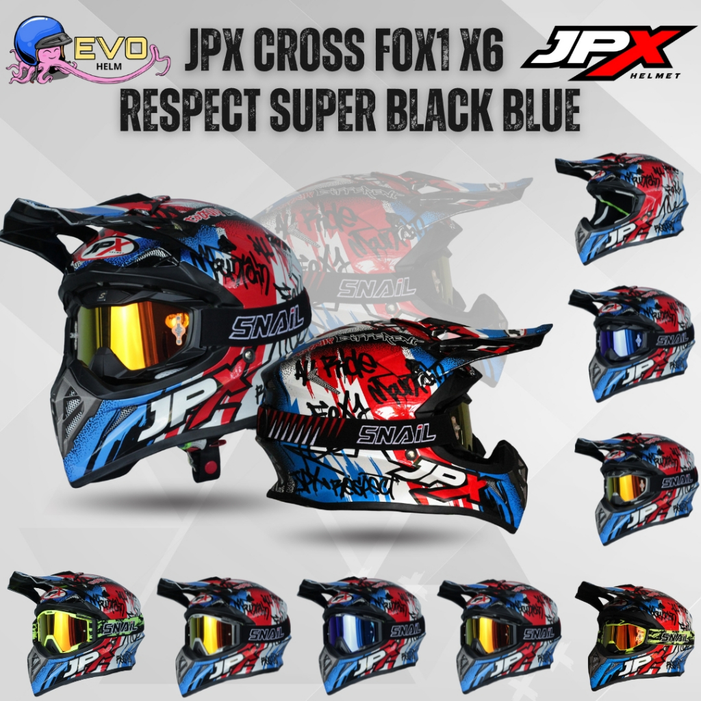 JPX CROSS FOX1 - X6 SUPER BLACK/BLUE PAKET GANTENG GOOGLE ORIGINAL HELM MOTOCROS / OFFROAD DEWASA