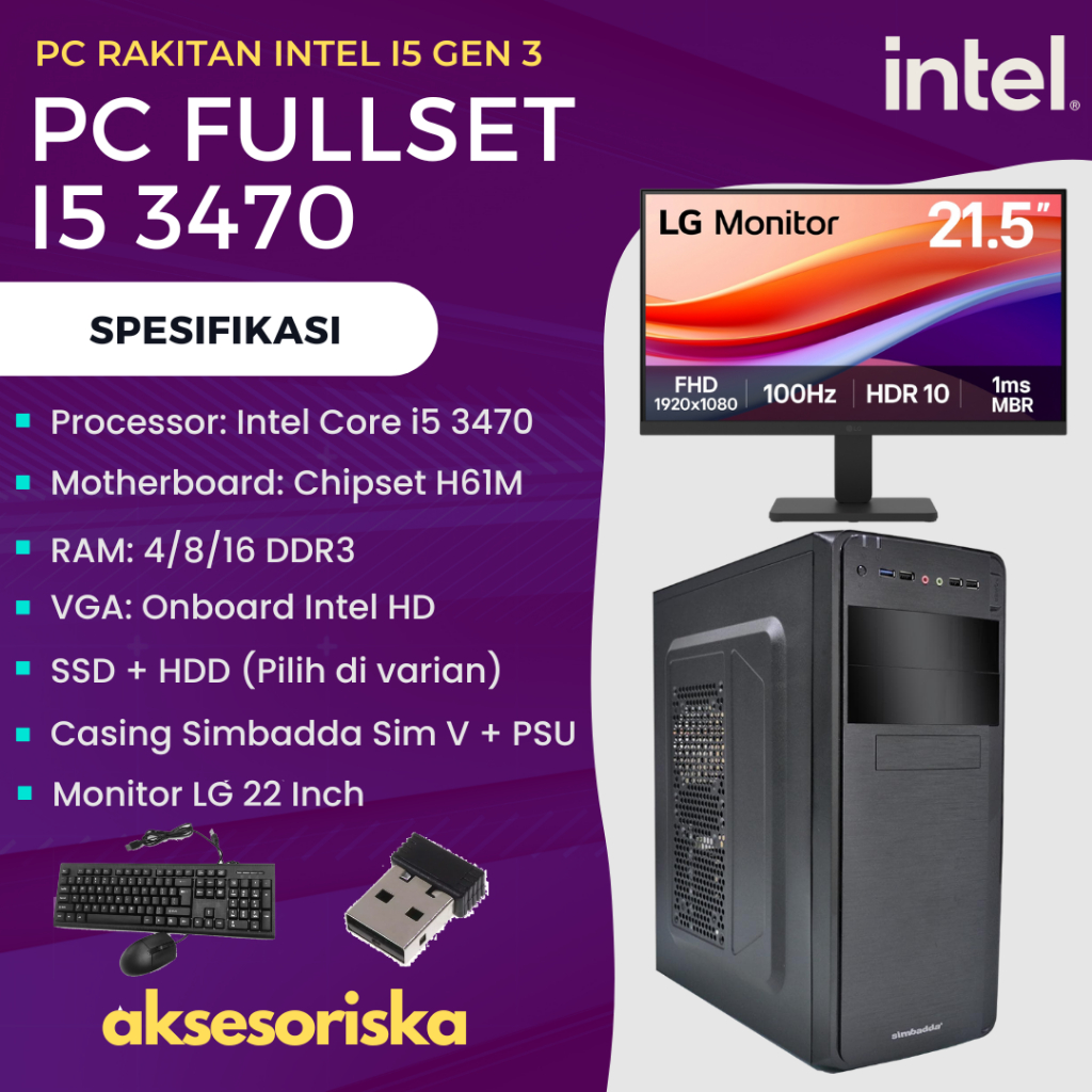 PAKET LENGKAP PC RAKITAN KOMPUTER CPU KANTOR Intel Core i5 3470 MONITOR LED LG 22 Inch FULLSET Intel